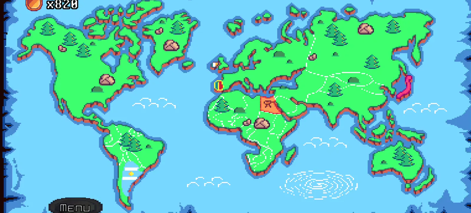 World map used to choose the next city to visit